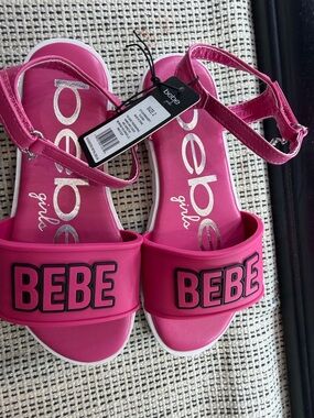 bebe Pink and White Logo Slide Sandals with Ankle Strap